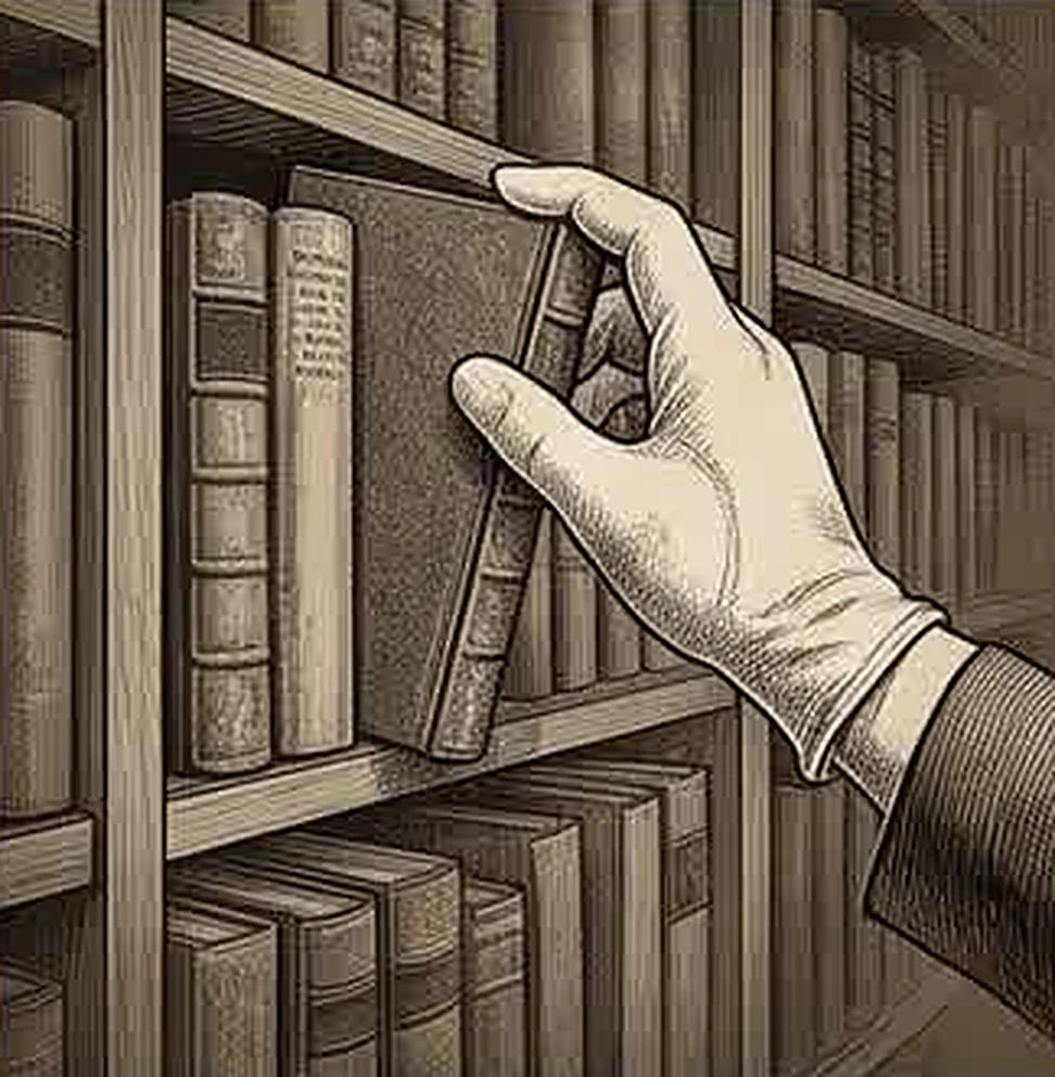Гравюра: рука в хлопковой перчатке снимает книгу с полки хранилища